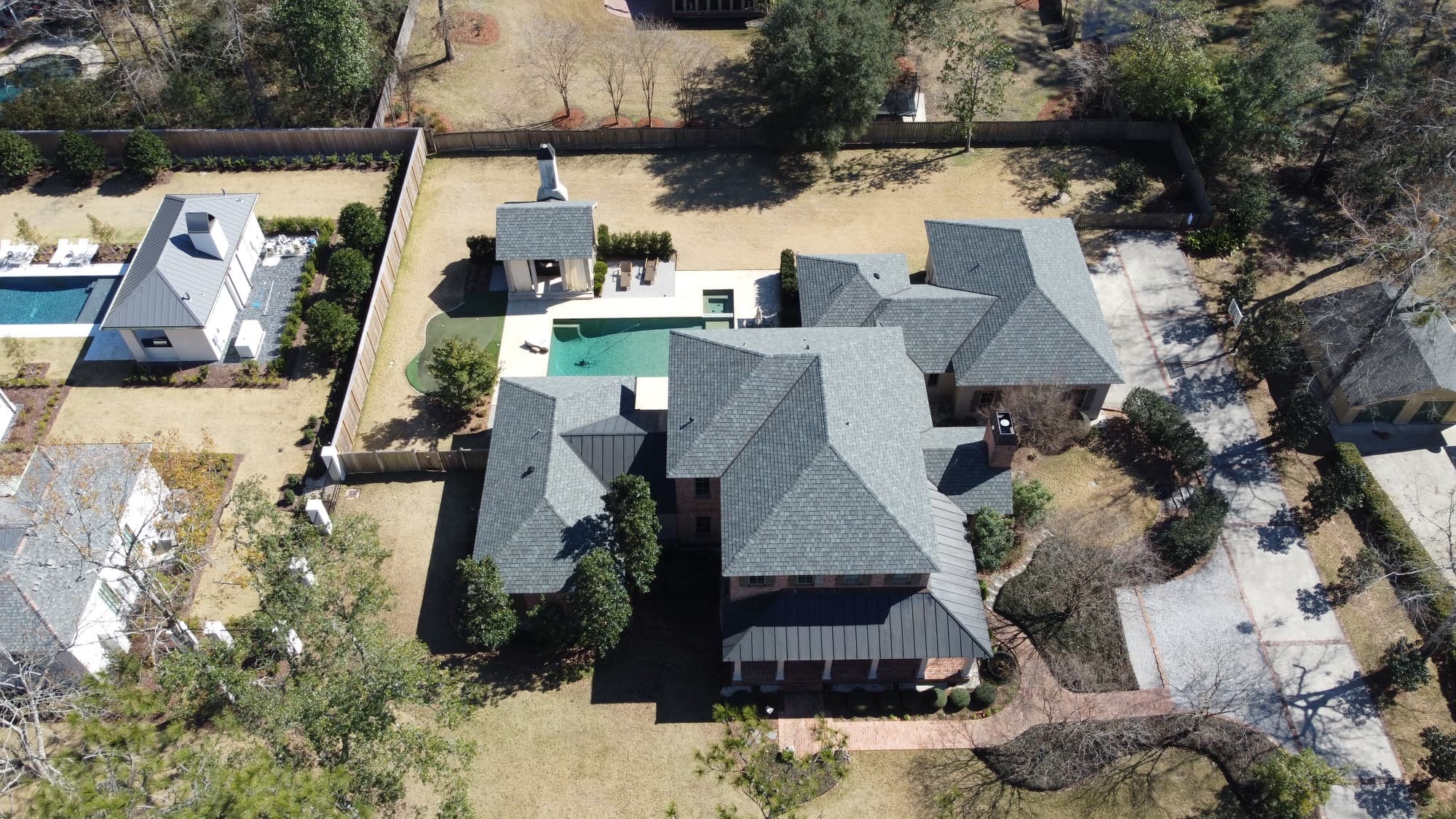 Aerial view of a Sandrock specialty roofing project